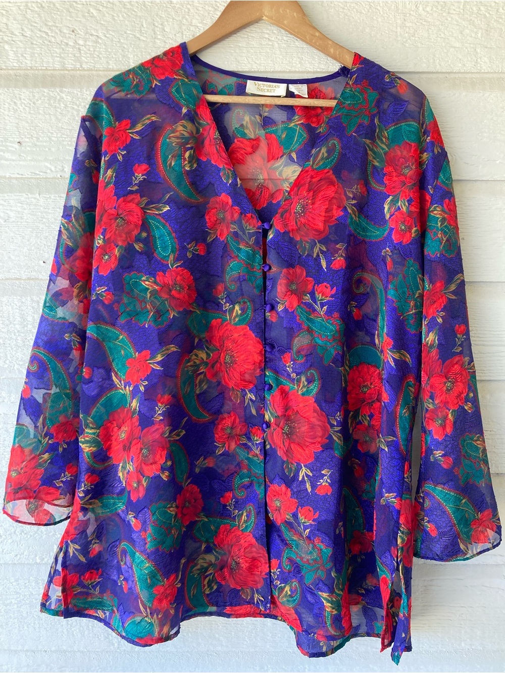Vintage Victoria's Secret Purple Sheer Blouse with Red Floral Print Size M